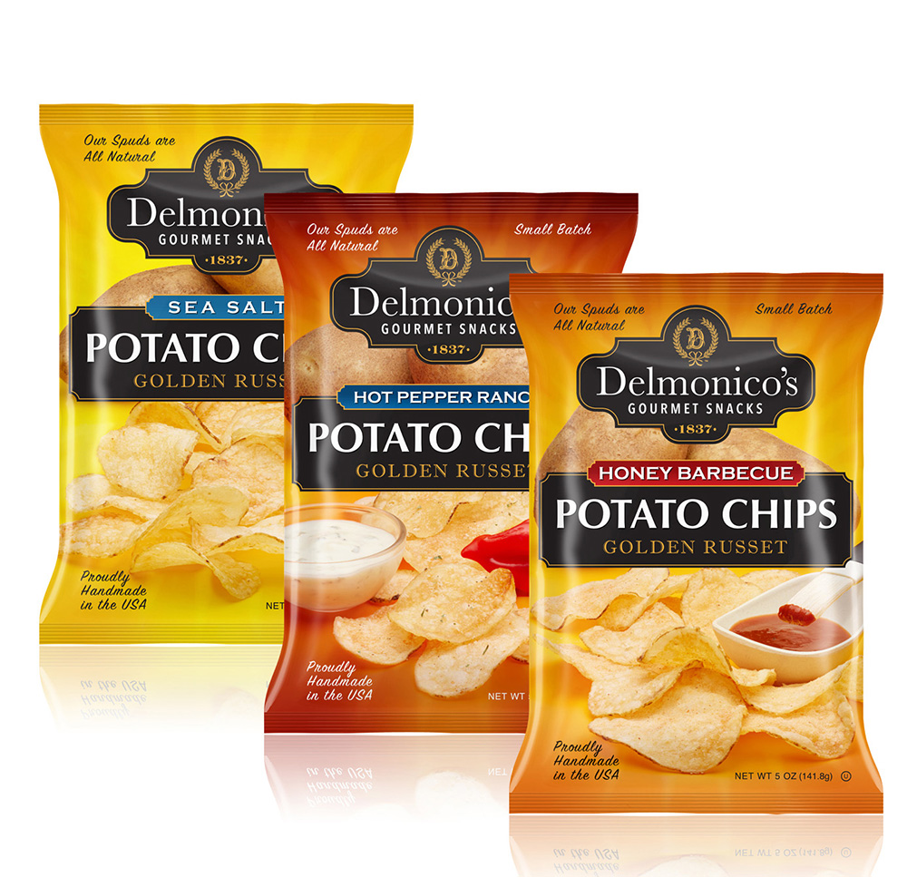 Commercial studio packaging photography in Westchester, New York for Delmonico's potato chips