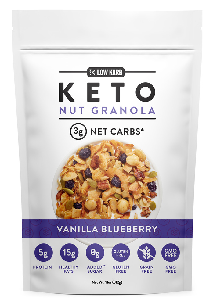 Commercial studio food packaging photography in Westchester, New York for keto vanilla blueberry nut granola