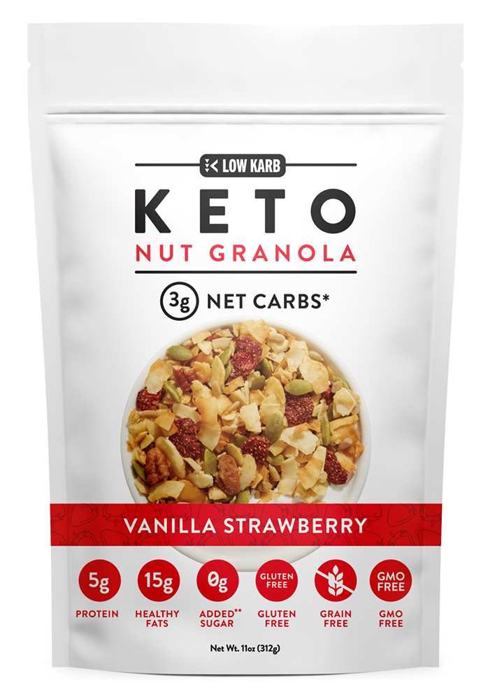 Commercial studio food packaging photography in Westchester, New York for keto vanilla strawberry nut granola