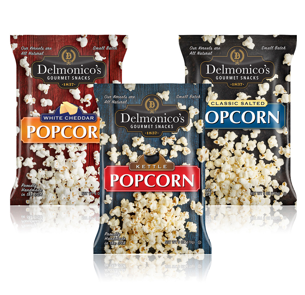 Commercial studio food packaging photographer in Westchester, New York for Delmonico's popcorn