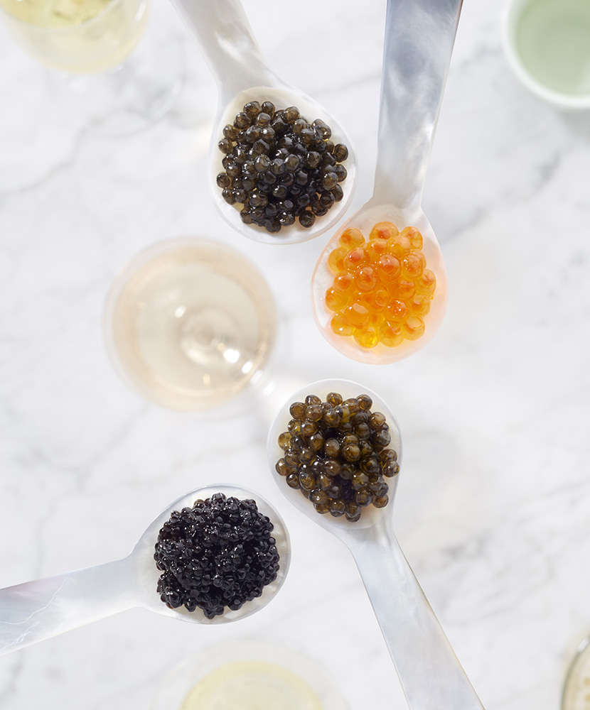 Caviar pearls on spoons close in shot with luxury goods taken in White Plains NY