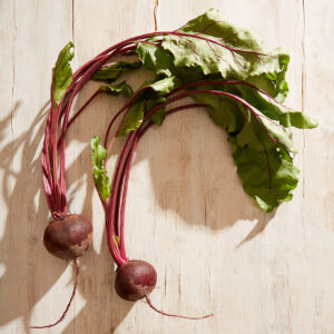 Photograph of beets shot in a kitchen for luxury brands with set and prop styling in White Plains, NY.
