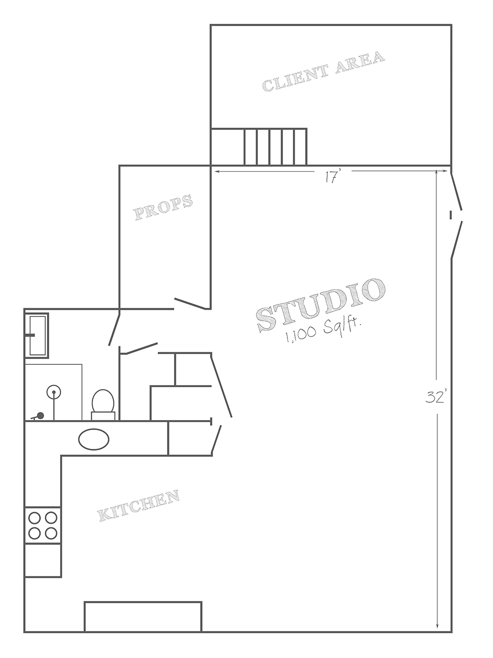 Photography Studio with props and kitchen